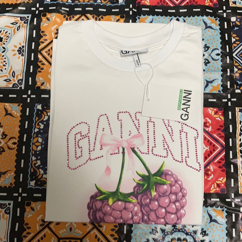 Ganni Raspberry Bow Rhinestone Graphic Tee White Designer Cotton T-shirt NWT